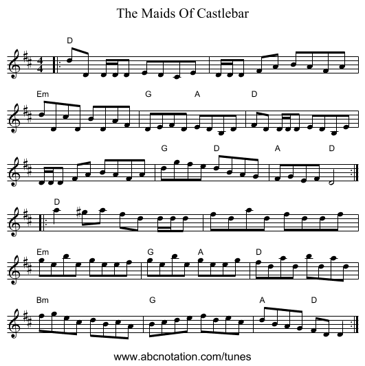 The Maids Of Castlebar - staff notation