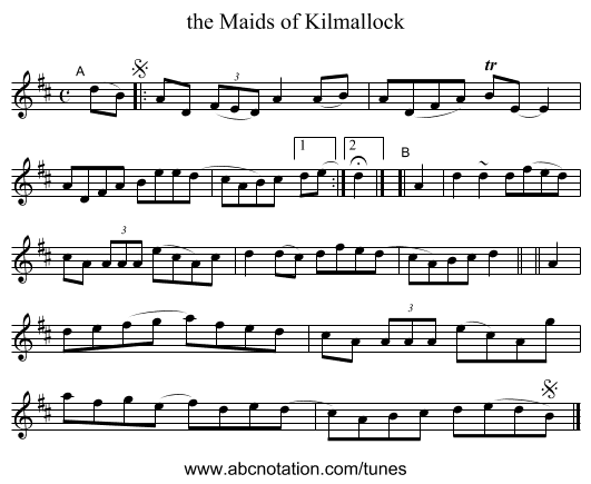 the Maids of Kilmallock - staff notation