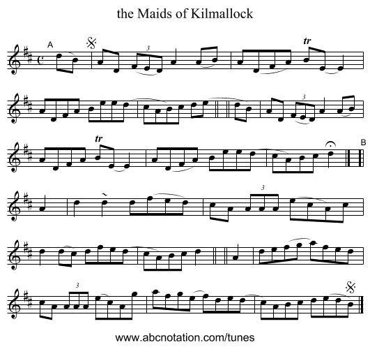 the Maids of Kilmallock - staff notation