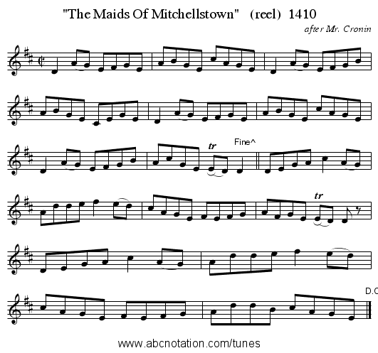 The Maids Of Mitchellstown   (reel)  1410 - staff notation