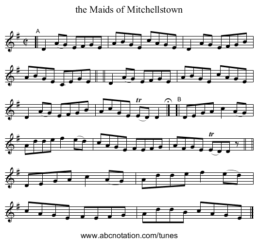 the Maids of Mitchellstown - staff notation
