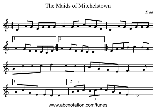 The Maids of Mitchelstown - staff notation