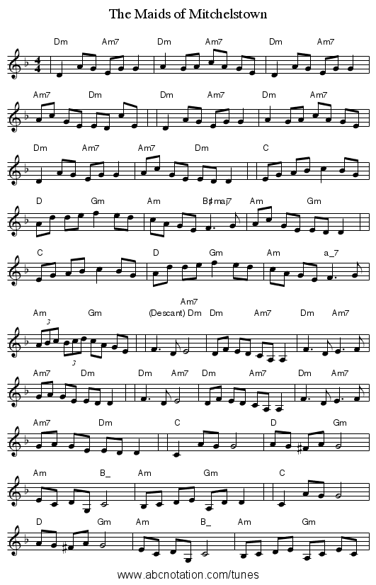 The Maids of Mitchelstown - staff notation