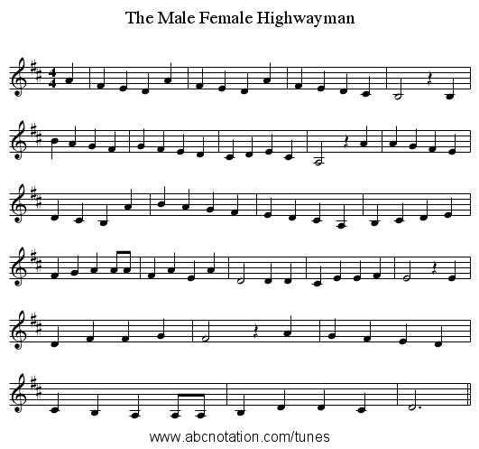 The Male Female Highwayman - staff notation