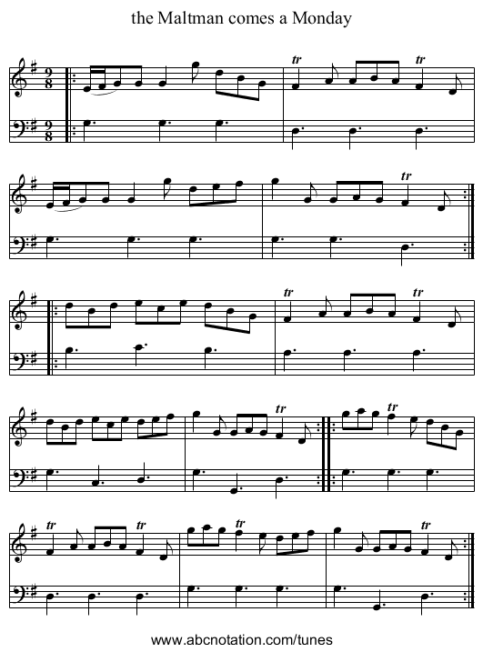 the Maltman comes a Monday - staff notation