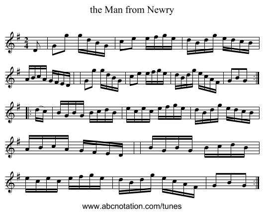 the Man from Newry - staff notation