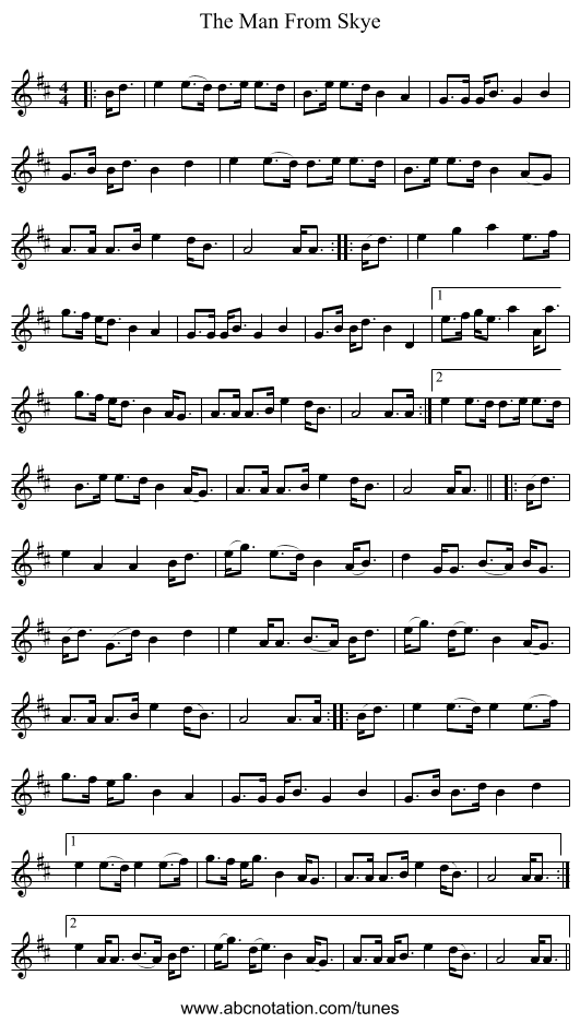 The Man From Skye - staff notation