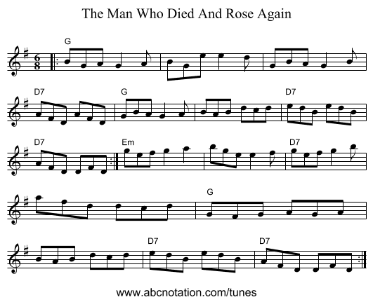 The Man Who Died And Rose Again - staff notation