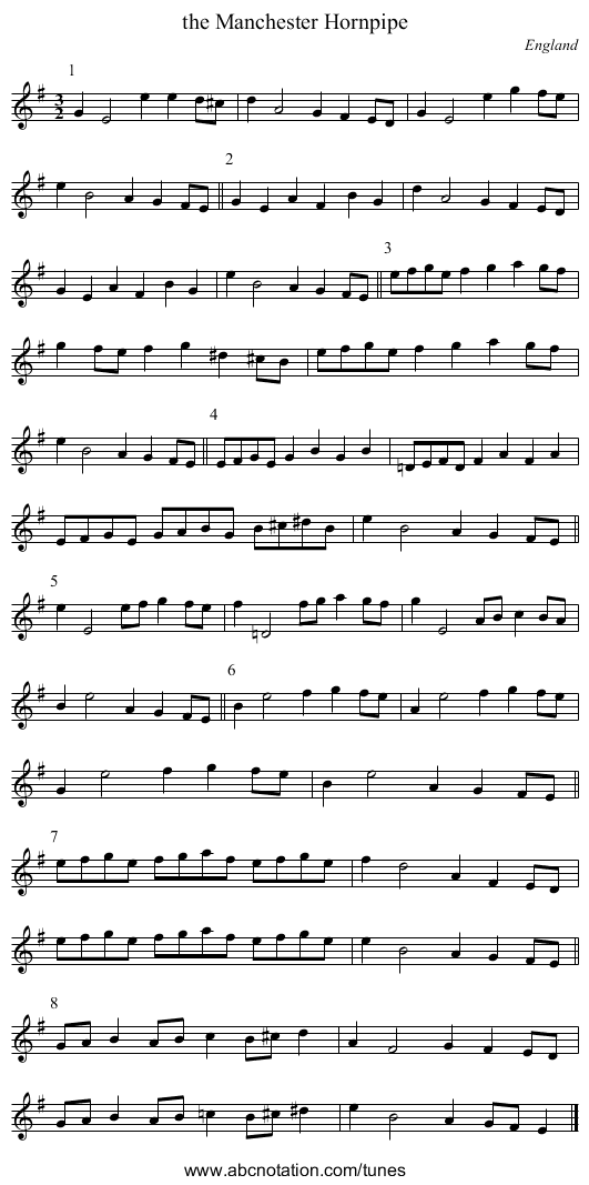 the Manchester Hornpipe - staff notation