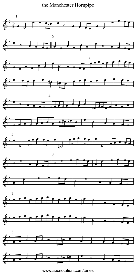 the Manchester Hornpipe - staff notation