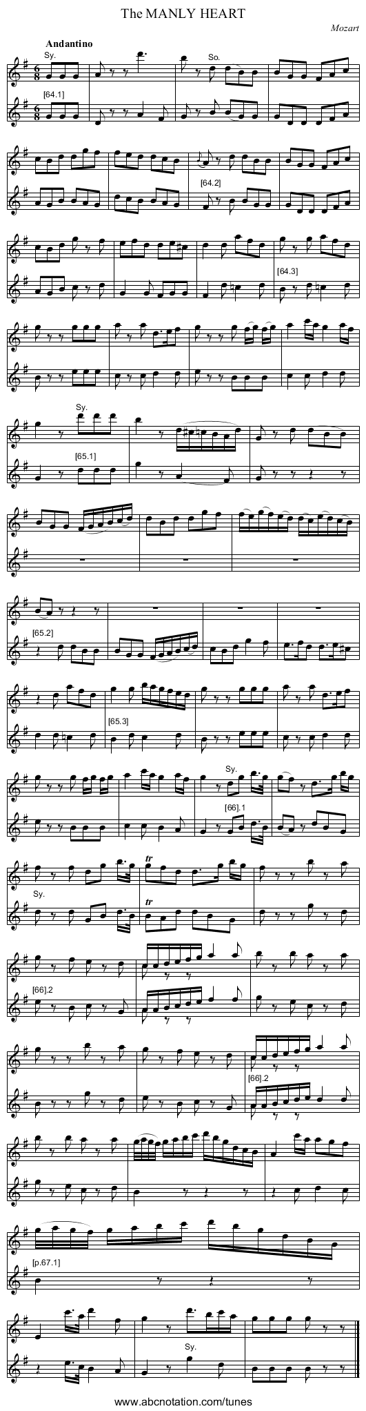 The MANLY HEART - staff notation
