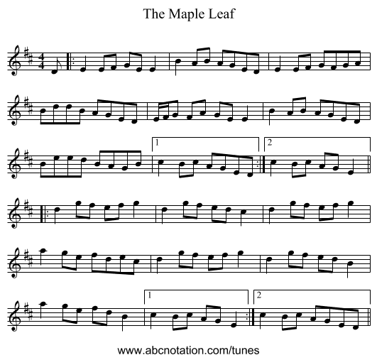 The Maple Leaf - staff notation