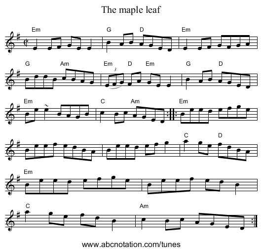 The maple leaf - staff notation