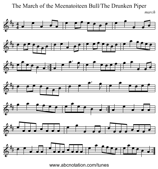 The March of the Meenatoiteen Bull/The Drunken Piper - staff notation