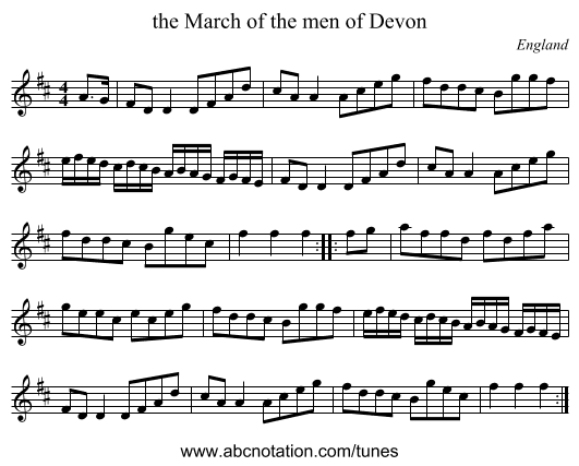 the March of the men of Devon - staff notation