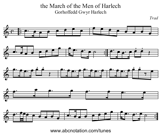 the March of the Men of Harlech - staff notation