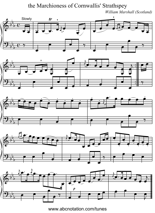 the Marchioness of Cornwallis' Strathspey - staff notation