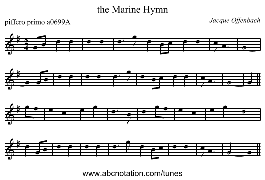the Marine Hymn - staff notation