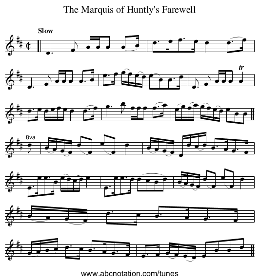 The Marquis of Huntly's Farewell - staff notation