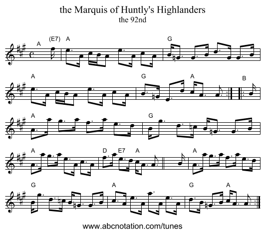 the Marquis of Huntly's Highlanders - staff notation