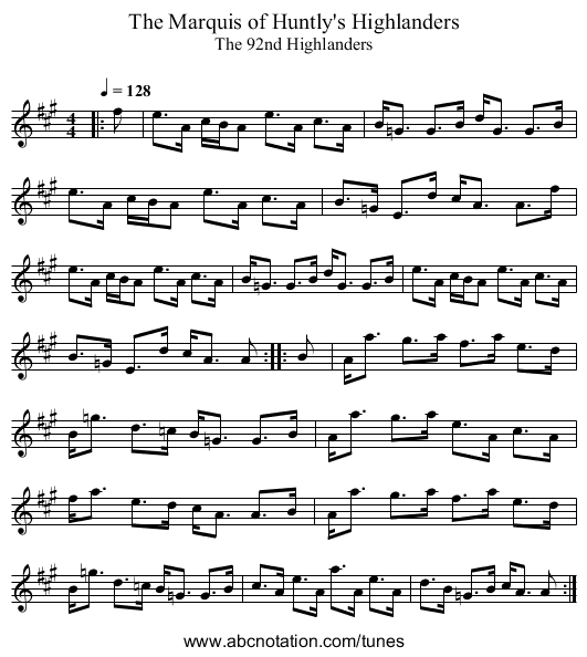 The Marquis of Huntly's Highlanders - staff notation