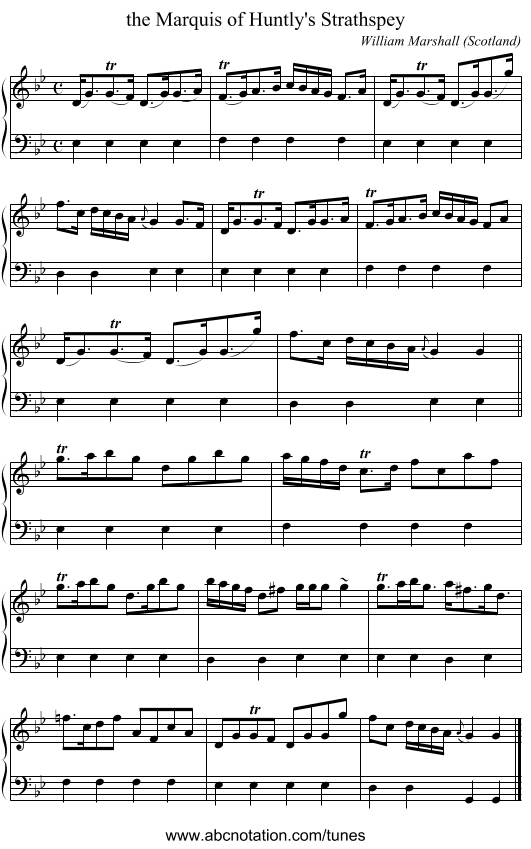 the Marquis of Huntly's Strathspey - staff notation
