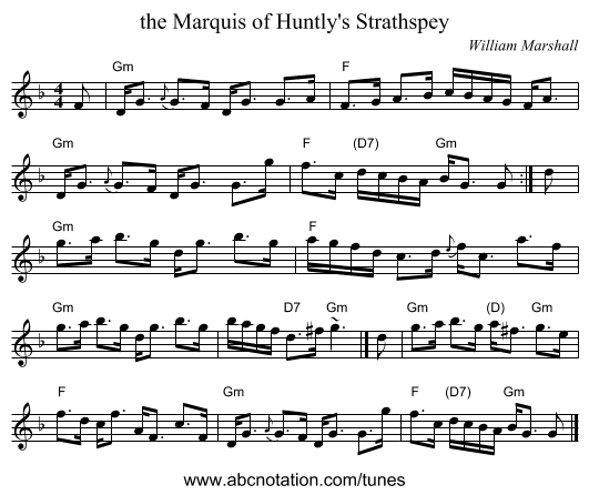 the Marquis of Huntly's Strathspey - staff notation