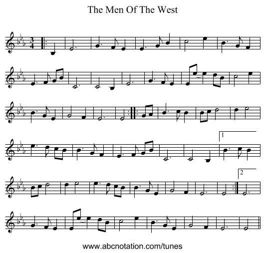 The Men Of The West - staff notation