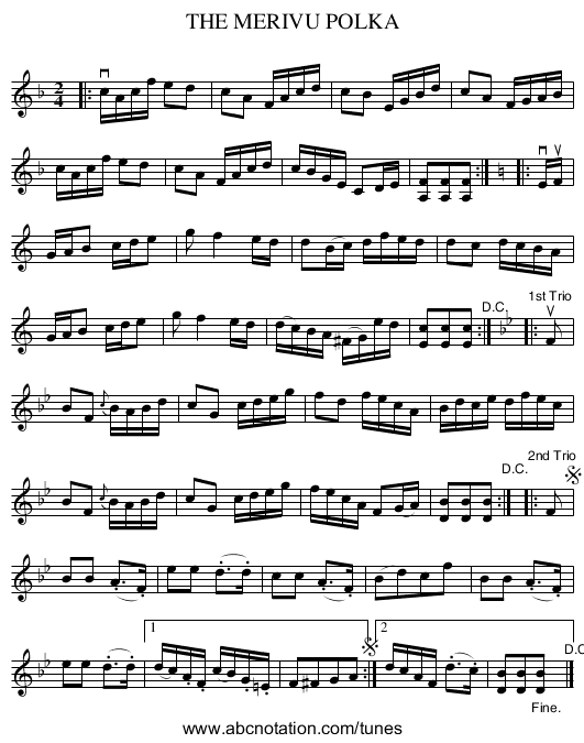 THE MERIVU POLKA - staff notation