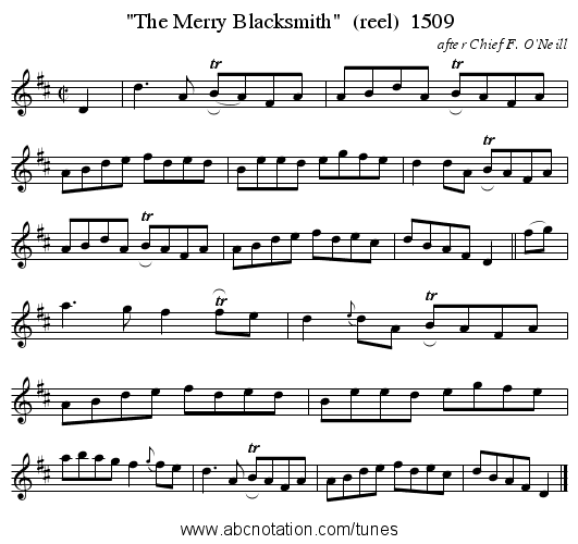 The Merry Blacksmith (reel) 1509 - staff notation