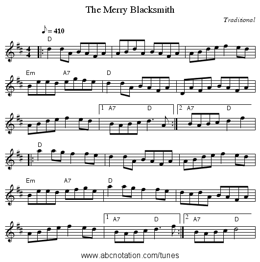 The Merry Blacksmith - staff notation