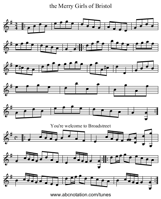 the Merry Girls of Bristol - staff notation