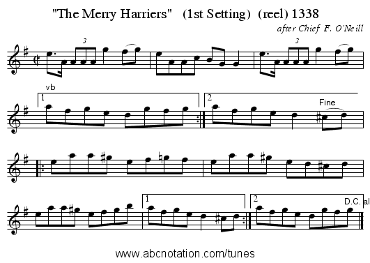 The Merry Harriers   (1st Setting)  (reel) 1338 - staff notation