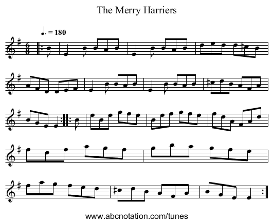 The Merry Harriers - staff notation