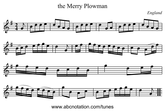 the Merry Plowman - staff notation