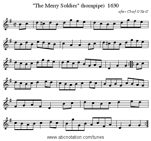 The Merry Soldier (hornpipe) 1630 - staff notation