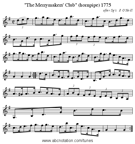 The Merrymakers' Club (hornpipe) 1775 - staff notation
