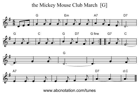the Mickey Mouse Club March  [G] - staff notation