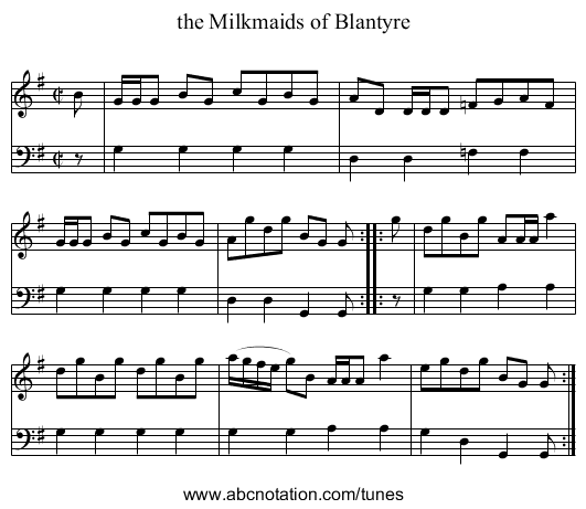 the Milkmaids of Blantyre - staff notation