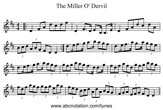 The Miller O' Dervil - staff notation