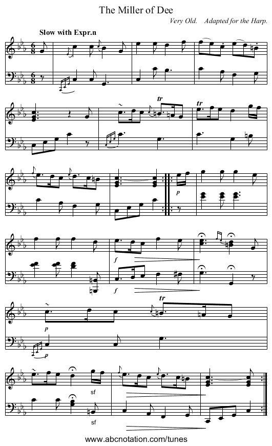 The Miller of Dee - staff notation