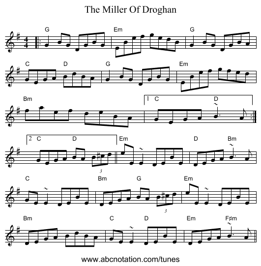 The Miller Of Droghan - staff notation