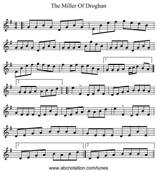 The Miller Of Droghan - staff notation
