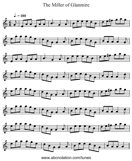 The Miller of Glanmire - staff notation