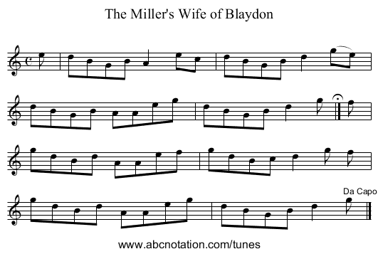 The Miller's Wife of Blaydon - staff notation