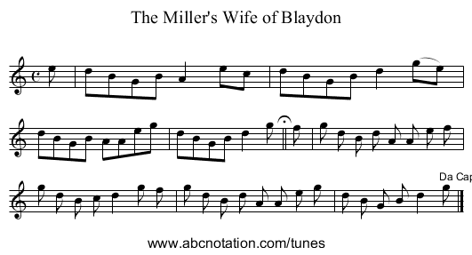 The Miller's Wife of Blaydon - staff notation