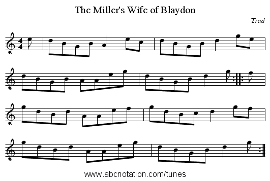 The Miller's Wife of Blaydon - staff notation