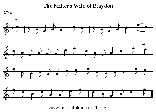 The Miller's Wife of Blaydon - staff notation