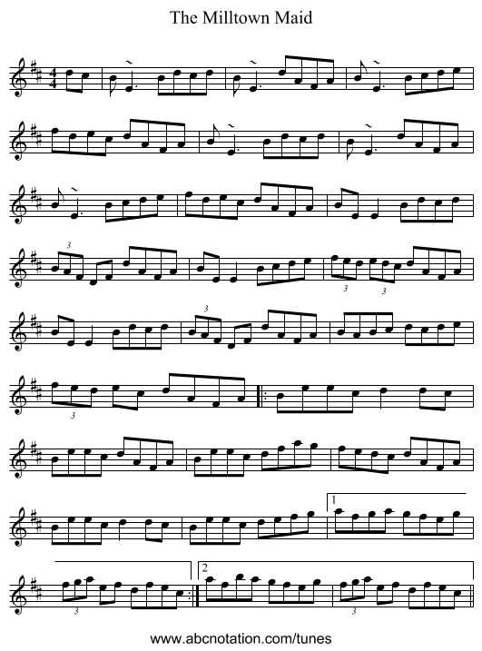The Milltown Maid - staff notation