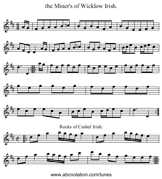 the Miner's of Wicklow Irish. - staff notation